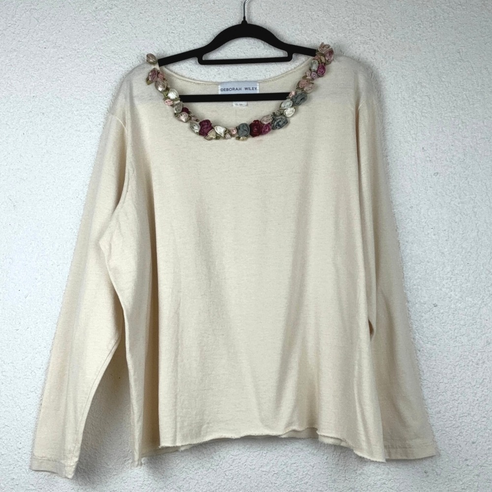 Deborah Wiley Cream Floral Rosette Top - OS - Cotton Raw Hem Cottagecore Boho